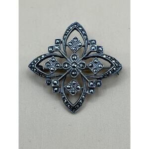 Vintage 925 Sterling Brooch Pin 4 Leaf Flower Sparkling